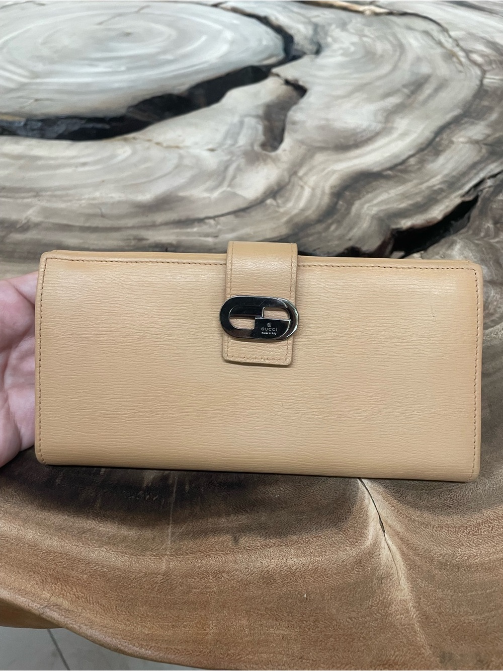 Gucci nude leather gunmetal GG logo long wallet